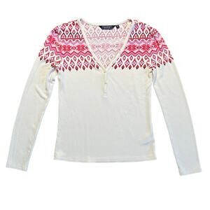 Vineyard Vines V-Neck Waffle Knit Top Shirt Women SZ S Ivory Fair Isle